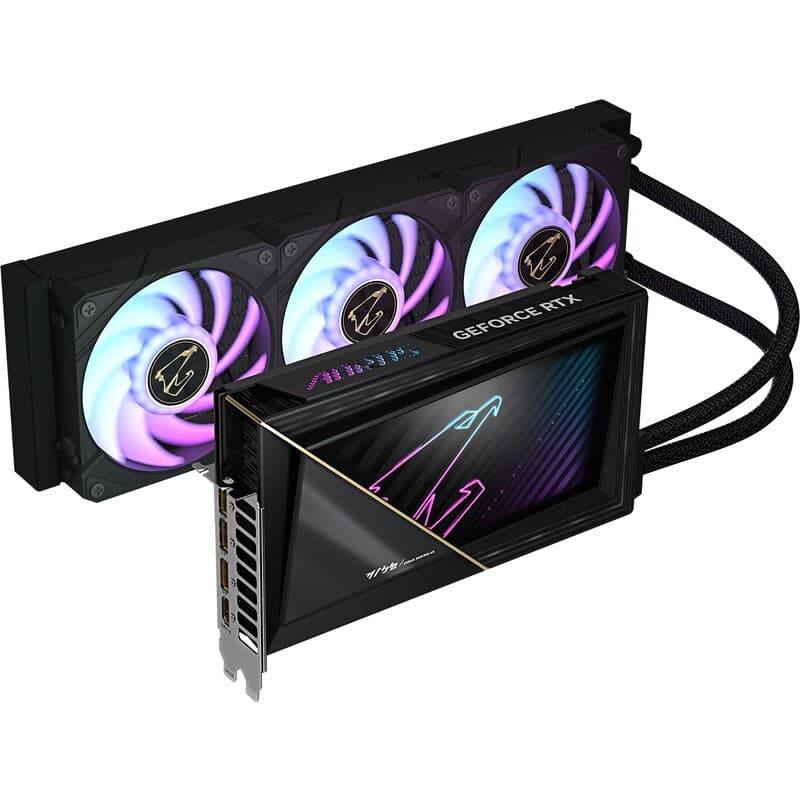 Placa video Gigabyte AORUS RTX 5090 XTREME WATERFORCE lângă radiatorul de 360 mm și cele trei ventilatoare