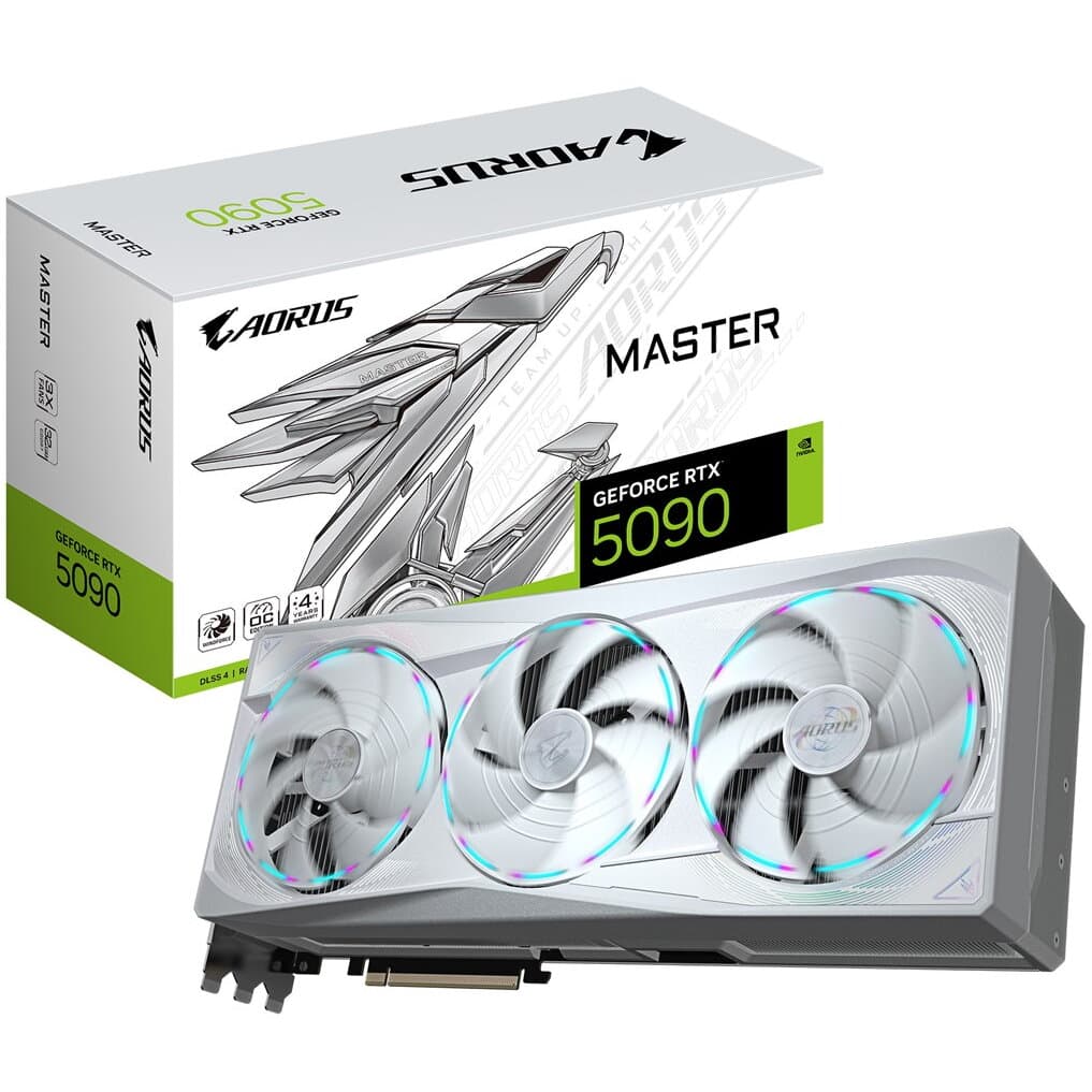 Placa video albă Gigabyte AORUS RTX 5090 MASTER ICE alături de cutia produsului