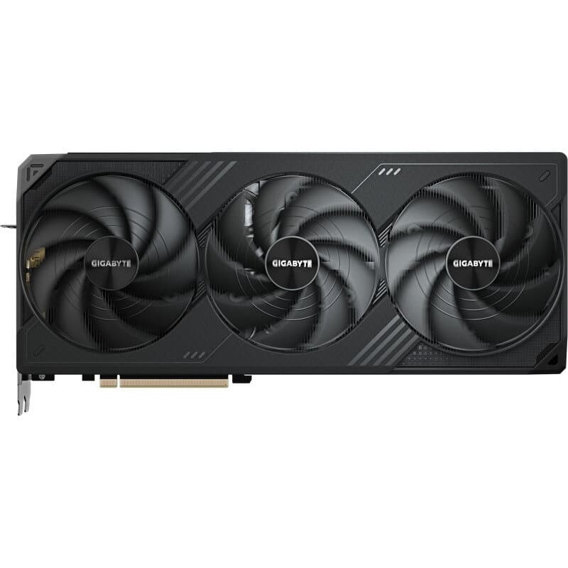 Placa video neagră Gigabyte RTX 5090 WINDFORCE OC văzută frontal, cu cele trei ventilatoare